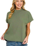 Zenana Viscose Mock Neck Short Sleeve Boxy Sweater Women’s Knit Top Light Olive - STYLEINGER
