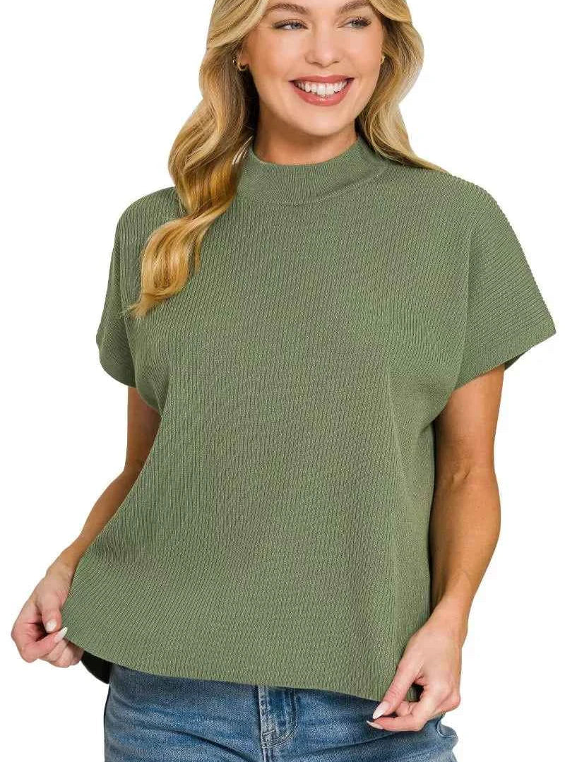 Zenana Viscose Mock Neck Short Sleeve Boxy Sweater Women’s Knit Top Light Olive - STYLEINGER
