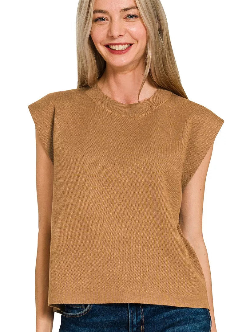 Zenana Viscose Sweater Camel Women’s Knit Vest Round Neck Layering Casual Top - Styleinger