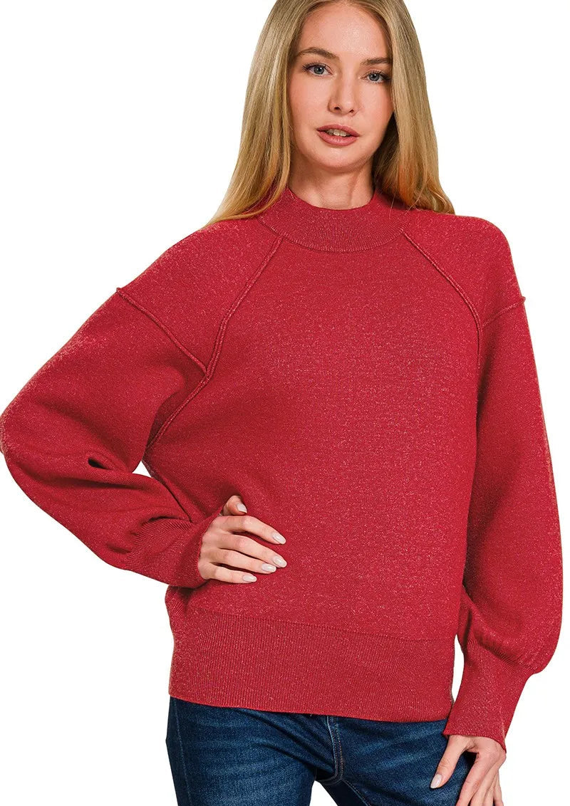 Zenana Viscose Sweater Red Mock Neck Exposed Seam Pullover H RED