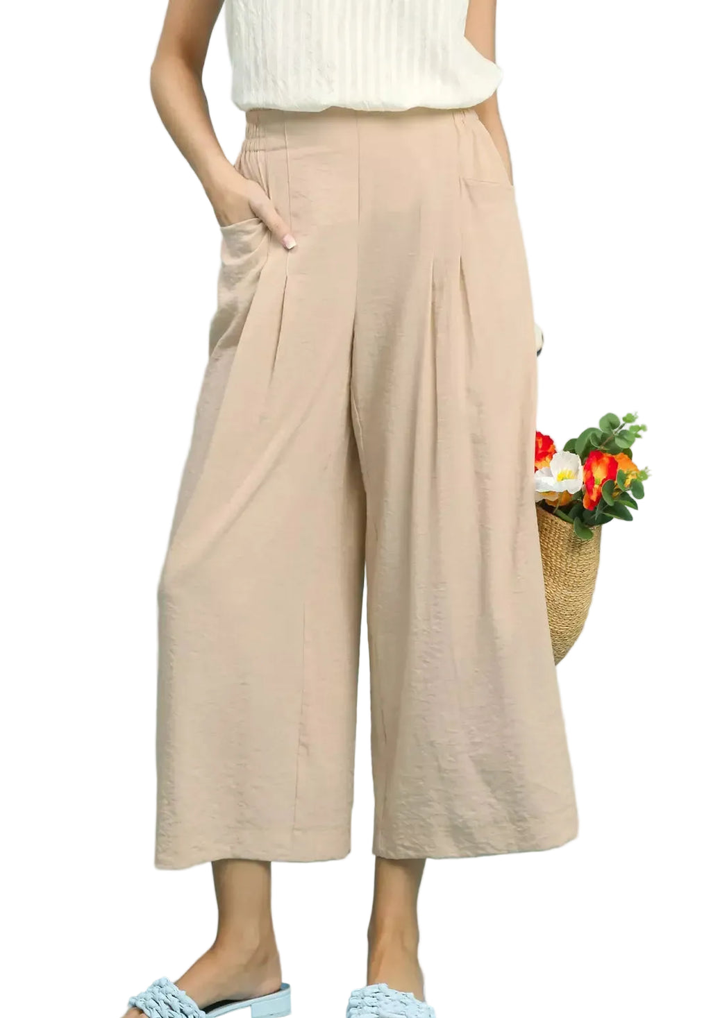 Zenana Wide-Leg Cropped Pants Women’s High-Waist Solid Pleat Casual Trousers Styleinger