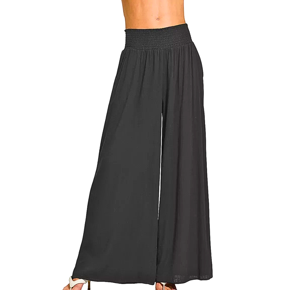 Zenana Wide Leg Loose Pants Elastic High Waist Smocked Black Casual Trousers