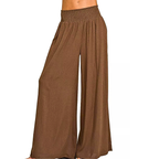 Zenana Wide Leg Loose Pants Elastic High Waist Smocked Brown Casual Trousers