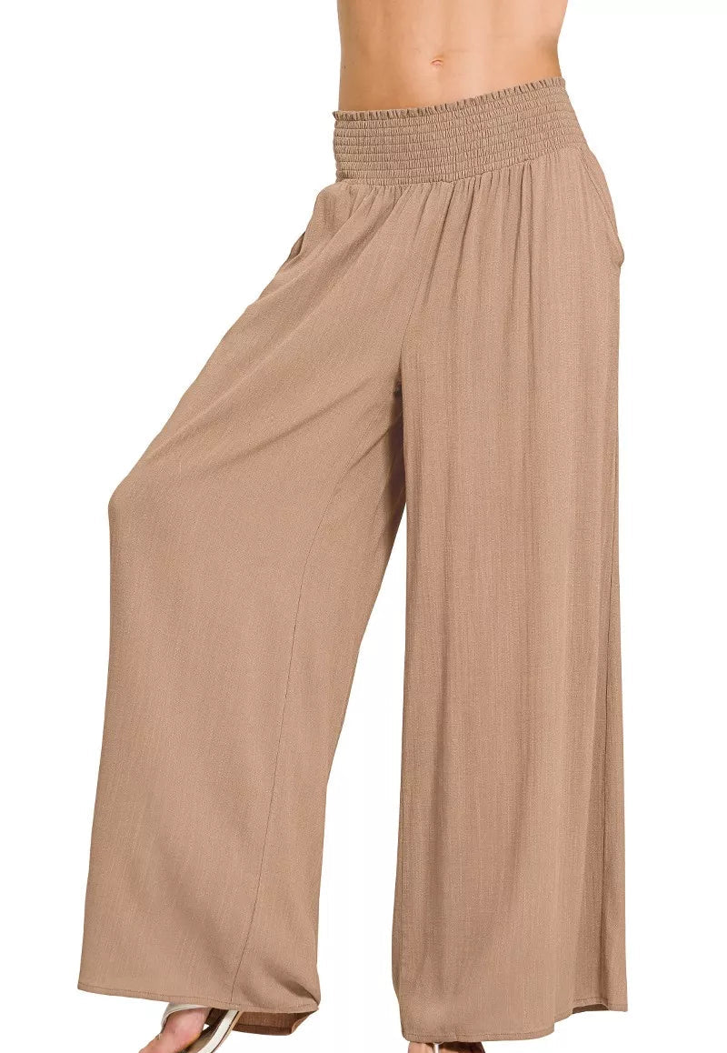 Zenana Wide Leg Lounge Pants Cocoa Smocked Waist Women Casual Relaxed Soft Comfort - Styleinger