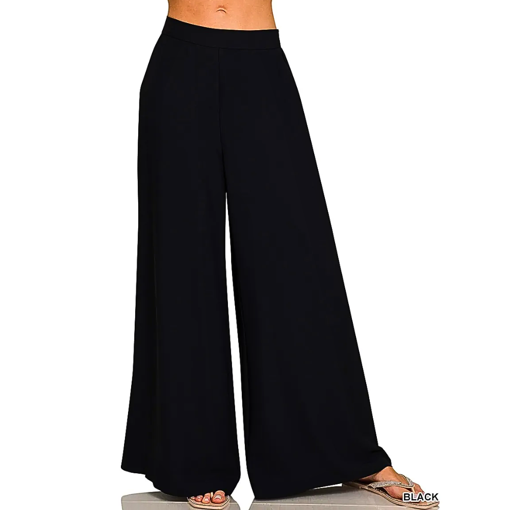 Zenana Wide Leg Pants High Elastic Waist Black Lightweight Loose Casual Trousers