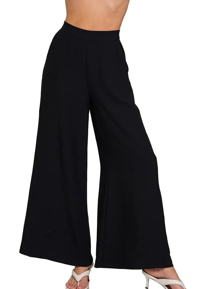 Zenana Wide Leg Pants Women’s Black Relaxed Fit Elastic Waist Casual Trousers - Styleinger