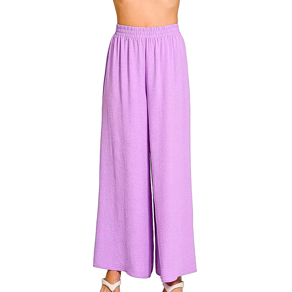 Zenana Wide Leg Pants Woven Airflow Elastic High Waist Casual Lightweight Lavender