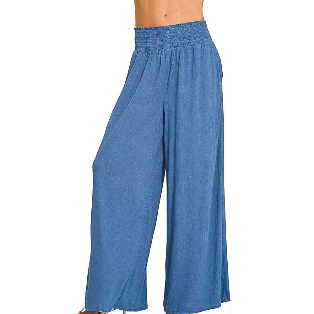 Zenana Wide Leg Trousers High Waist Smocked Flowy Comfort Loose Denim Blue