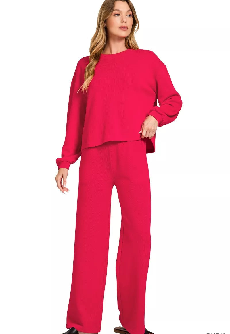 Zenana Wmens Outfit Set Red Ruby French Rib Pullover and Pants RUBY Zenana_Wmens_Outfit_Set_Red_Ruby_French_Rib_Pullover_and_Pants Trendsi