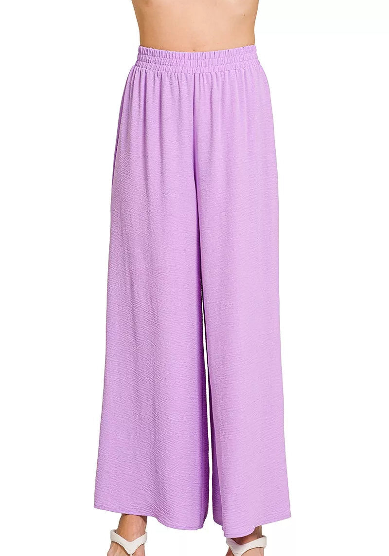 Zenana Women Casual Wide Leg Pants Lavender Woven Airflow Elastic Waist Breathable - Styleinger