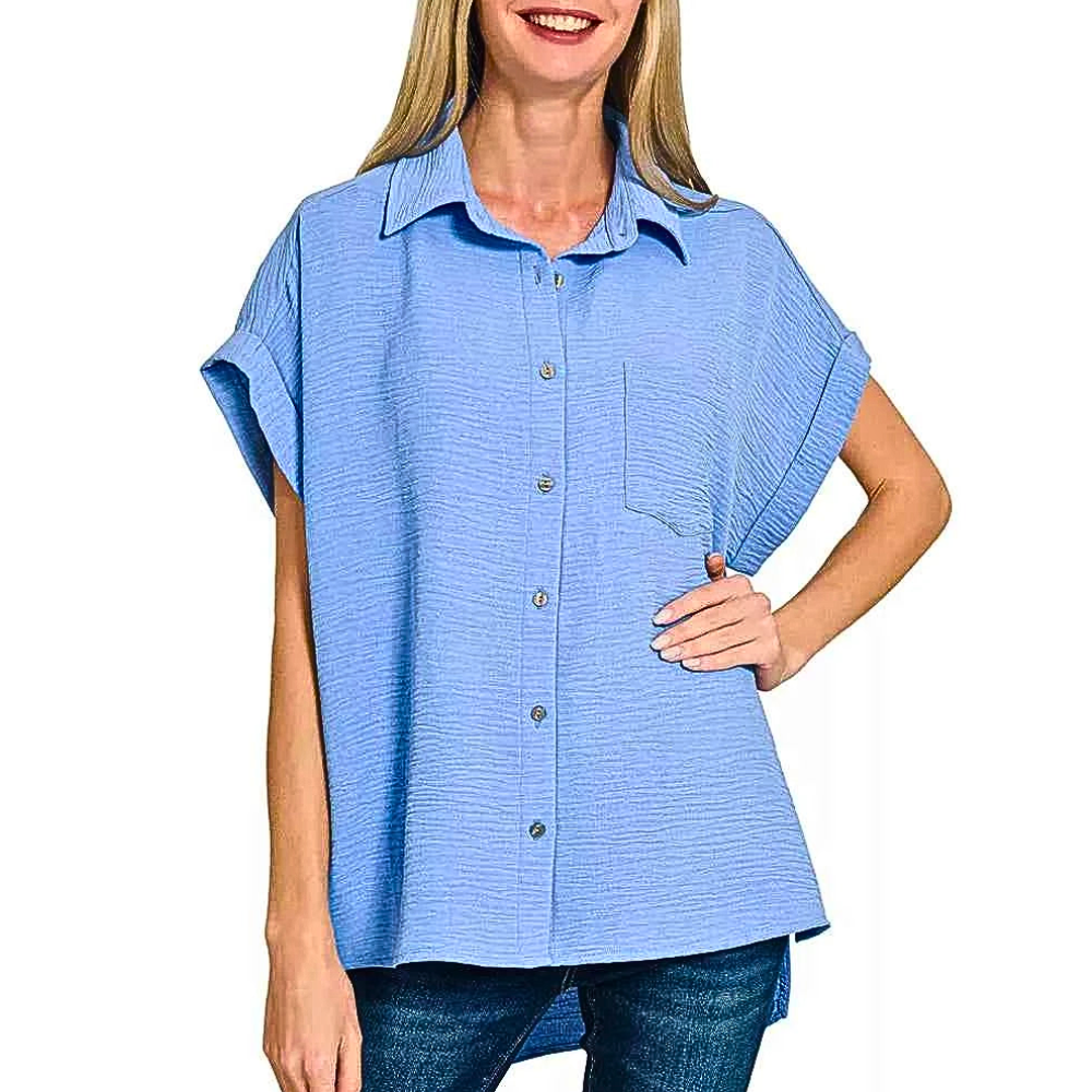 Zenana Women Shirt Blue Woven Airflow Button Down Top Short Sleeve