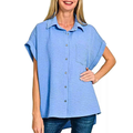 Zenana Women Shirt Blue Woven Airflow Button Down Top Short Sleeve