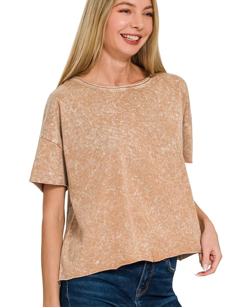 Zenana Women T-shirt Brown Halo Washed Cotton Short Sleeve Top Casual Style - Styleinger