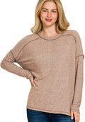 Zenana Women's Blouse Brown Melange Hacci Exposed Seam Hi-low Tee Plus Sizes BROWN Zenana_Women_s_Blouse_Brown_Melange_Hacci_Exposed_Seam_Hi-low_Tee_Plus_Sizes Trendsi
