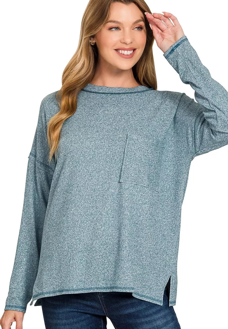 Zenana Women's Blouse Teal Melange Hacci Exposed Seam Hi-low Tee TEAL Zenana_Women_s_Blouse_Teal_Melange_Hacci_Exposed_Seam_Hi-low_Tee Trendsi