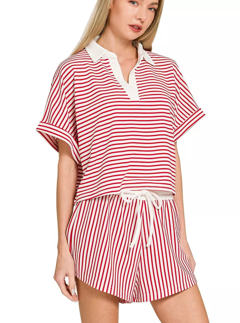 Zenana Women’s Casual Two‑Piece Outfit Set Ruby Striped Collared Top & Shorts - Styleinger