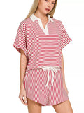 Zenana Women’s Casual Two‑Piece Outfit Set Ruby Striped Collared Top & Shorts - Styleinger