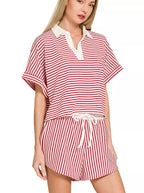 Zenana Women’s Casual Two‑Piece Outfit Set Ruby Striped Collared Top & Shorts - Styleinger