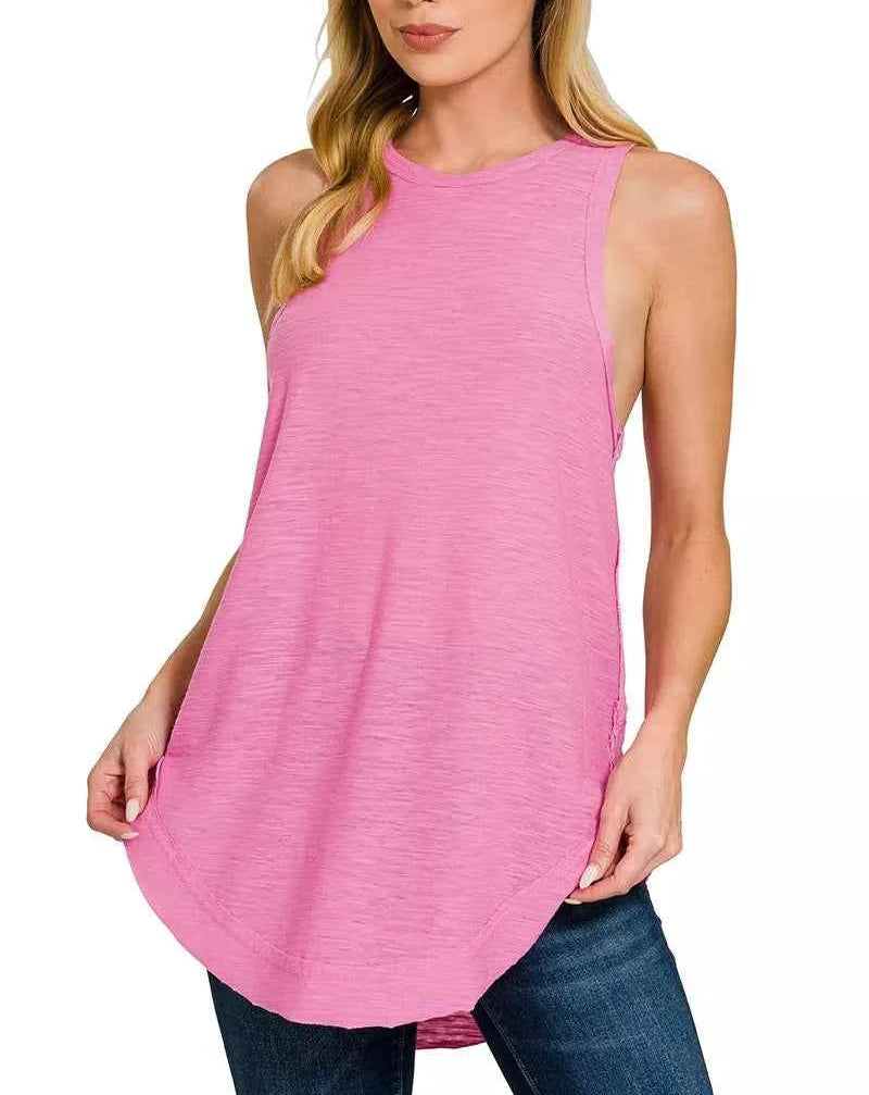 Zenana Women’s Curved Hem Slub Tunic Tank Casual Sleeveless Top Summer - STYLEINGER