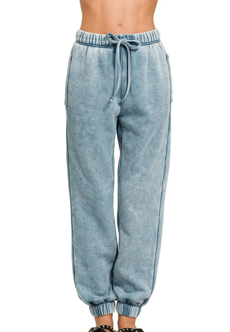 Zenana Women’s Fleece Sweatpants Acid Wash Blue Gray – Casual Drawstring Pants