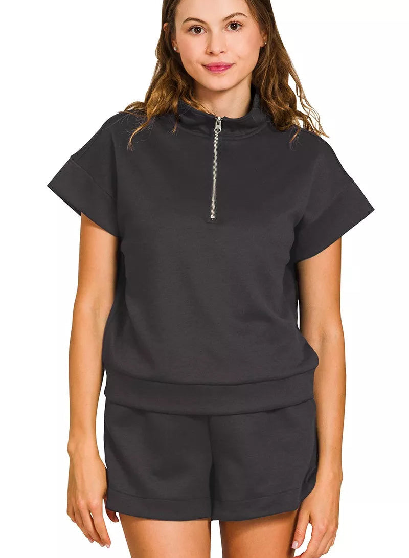 Zenana Women’s Half Zip Top & Dolphin Shorts Set Black Scuba High Neck - Styleinger