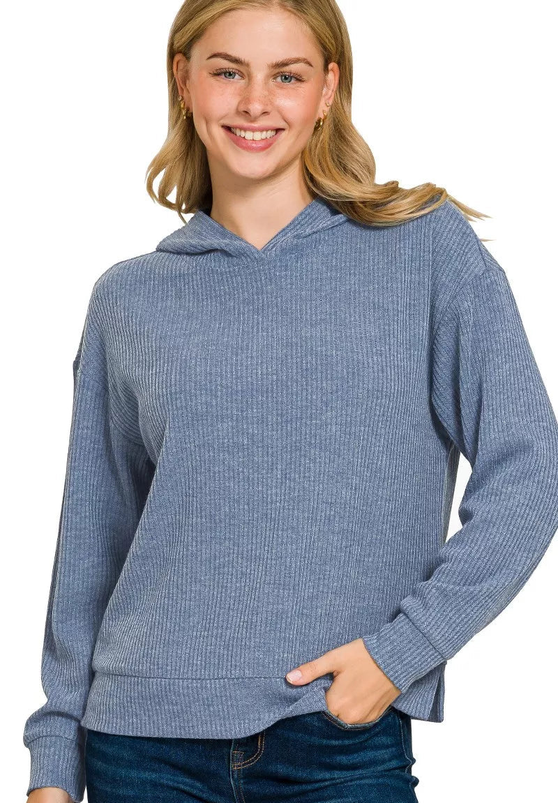 Zenana Women's Hoodie Ribbed Dusty Blue Long Sleeve Top DUSTY BLUE Zenana_Women_s_Hoodie_Ribbed_Dusty_Blue_Long_Sleeve_Top Trendsi