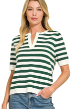 Zenana Women's Hunter Green Stripe Split Neck Short Sleeve Sweater | Styleinger