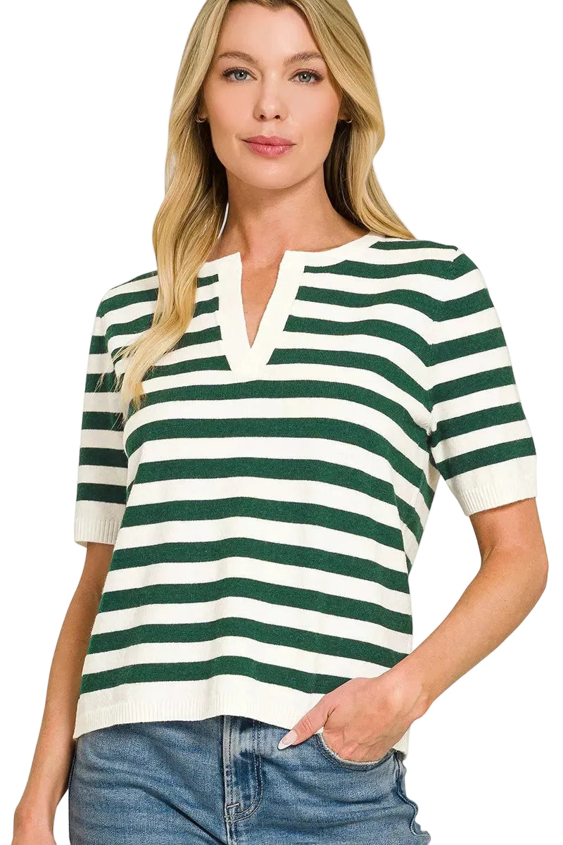 Zenana Women's Hunter Green Stripe Split Neck Short Sleeve Sweater | Styleinger