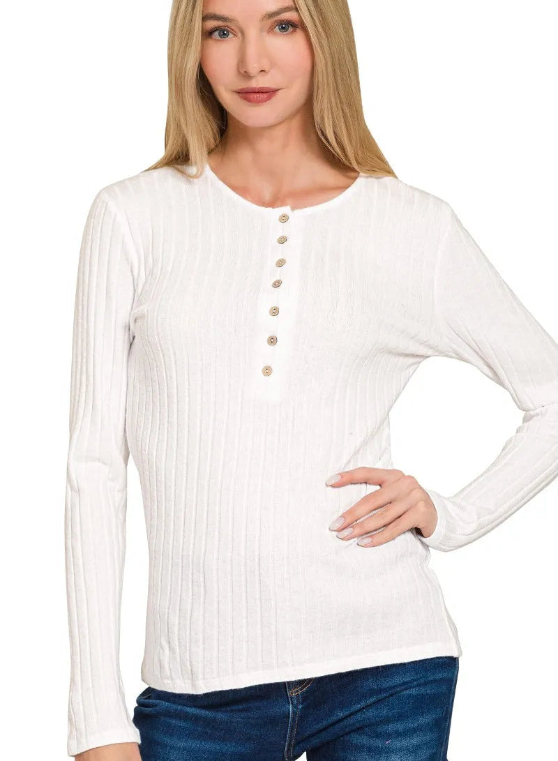 Zenana Women’s Knit Top Off White Ribbed Long Sleeve Half Button Casual Blouse - Styleinger