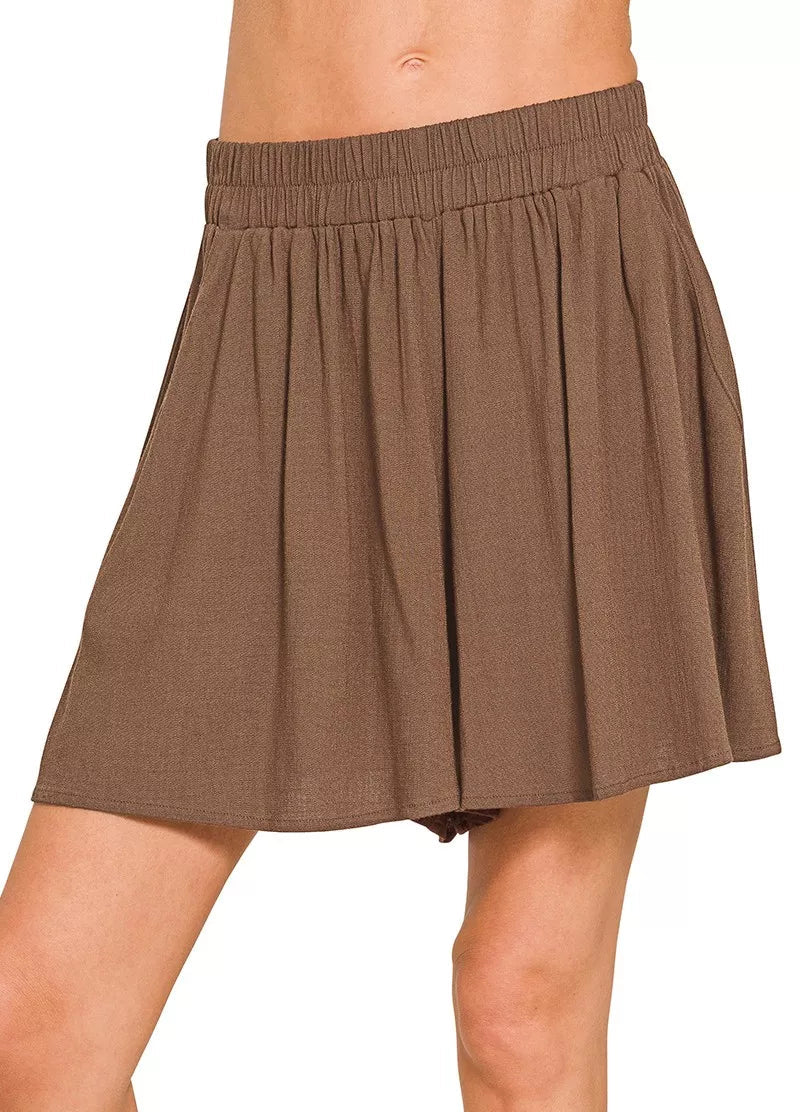 Zenana Women’s Lounge Shorts Brown Woven Elastic Band Drawstring With Pockets - Styleinger