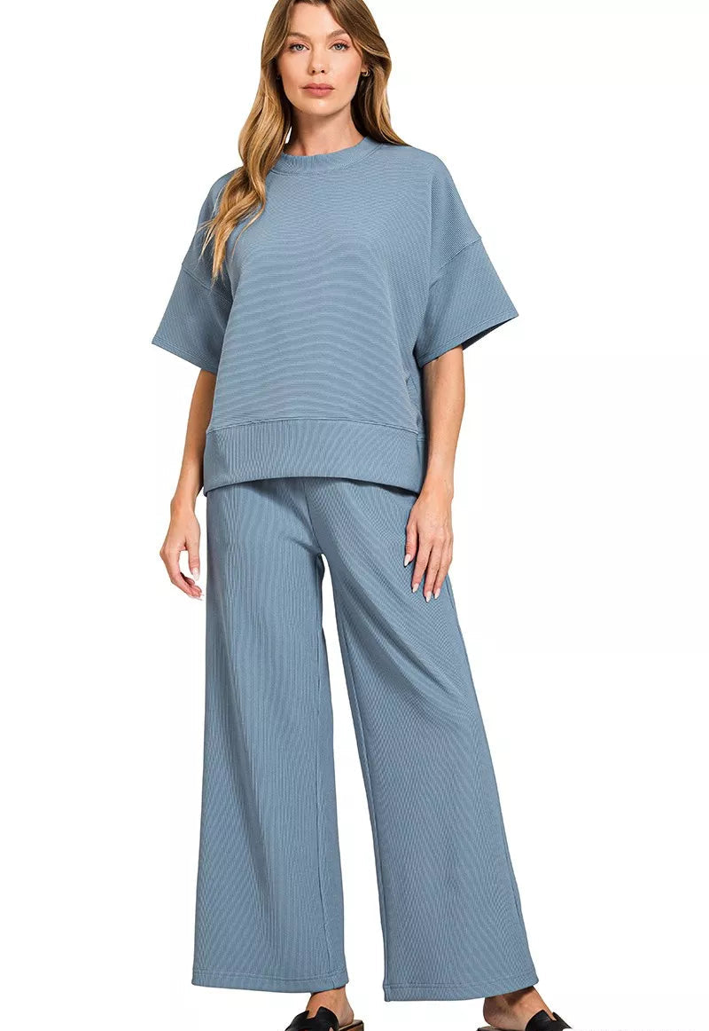 Zenana Ribbed Round Neck Tee & Pants Set