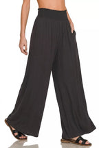 Zenana Women's Smocked High Waist Wide Leg Palazzo Pants with Pockets | Styleinger