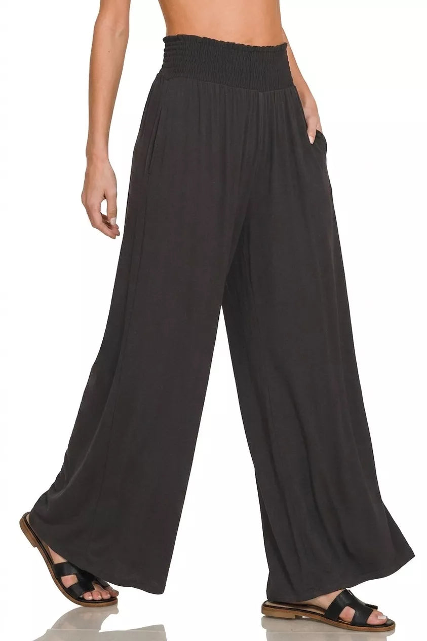 Zenana Women's Smocked High Waist Wide Leg Palazzo Pants with Pockets | Styleinger