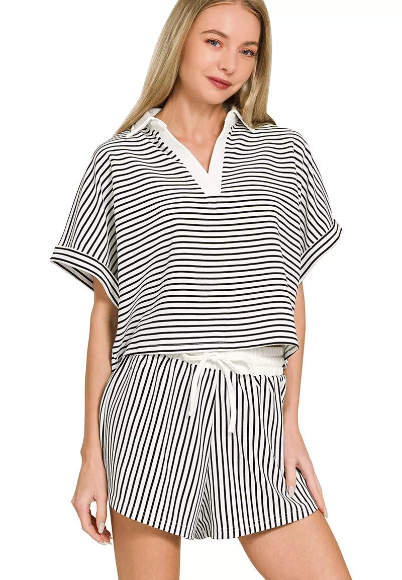 Zenana Women’s Striped Collared Top & Shorts Set Casual Summer Two‑Piece Outfit Black- STYLEINGER
