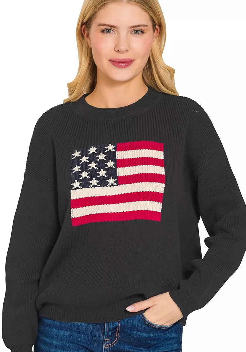 Zenana Women's Sweater Black American Flag Crew Neck Pullover Zenana_Women_s_Sweater_Black_American_Flag_Crew_Neck_Pullover Trendsi