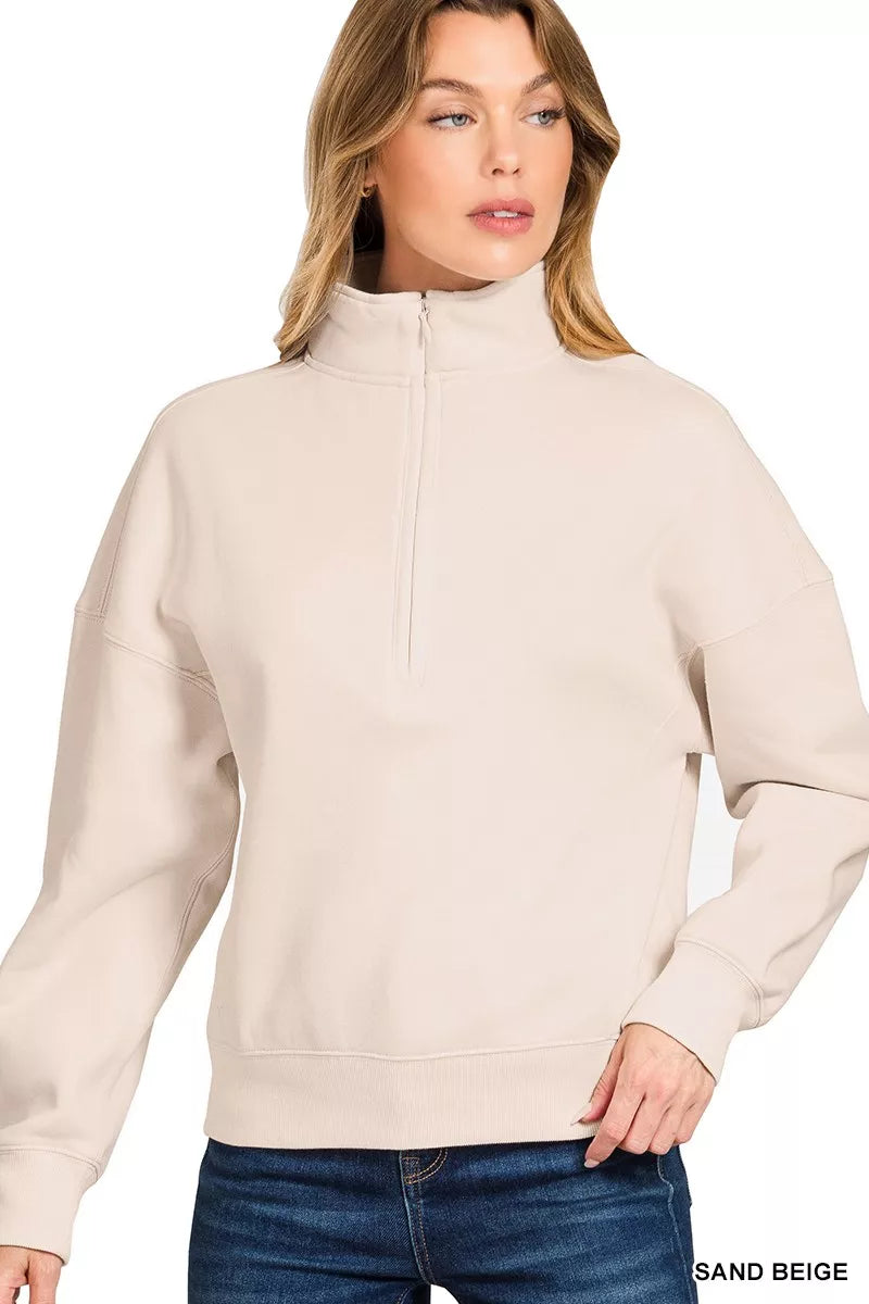 Zenana Women's Sweatshirt Beige Fleece High Neck Half Zip Top SAND BEIGE Zenana_Women_s_Sweatshirt_Beige_Fleece_High_Neck_Half_Zip_Top-Max-Origin Trendsi