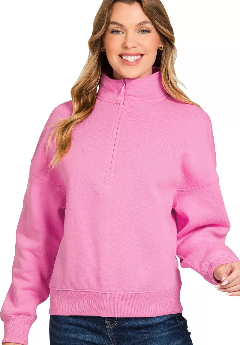 Zenana Women's Sweatshirt Cotton Fleece High Neck Half Zip Pink Top CANDY PINK Zenana_Women_s_Sweatshirt_Cotton_Fleece_High_Neck_Half_Zip_Pink_Top Trendsi