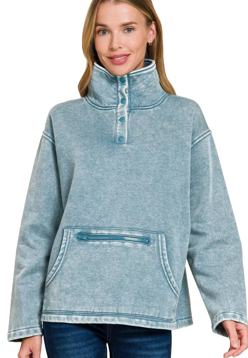 Zenana Women's Sweatshirt Fleece Blue Gray Washed High Neck Kangaroo Pocket BLUE GREY Zenana_Women_s_Sweatshirt_Fleece_Blue_Gray_Washed_High_Neck_Kangaroo_Pocket Trendsi