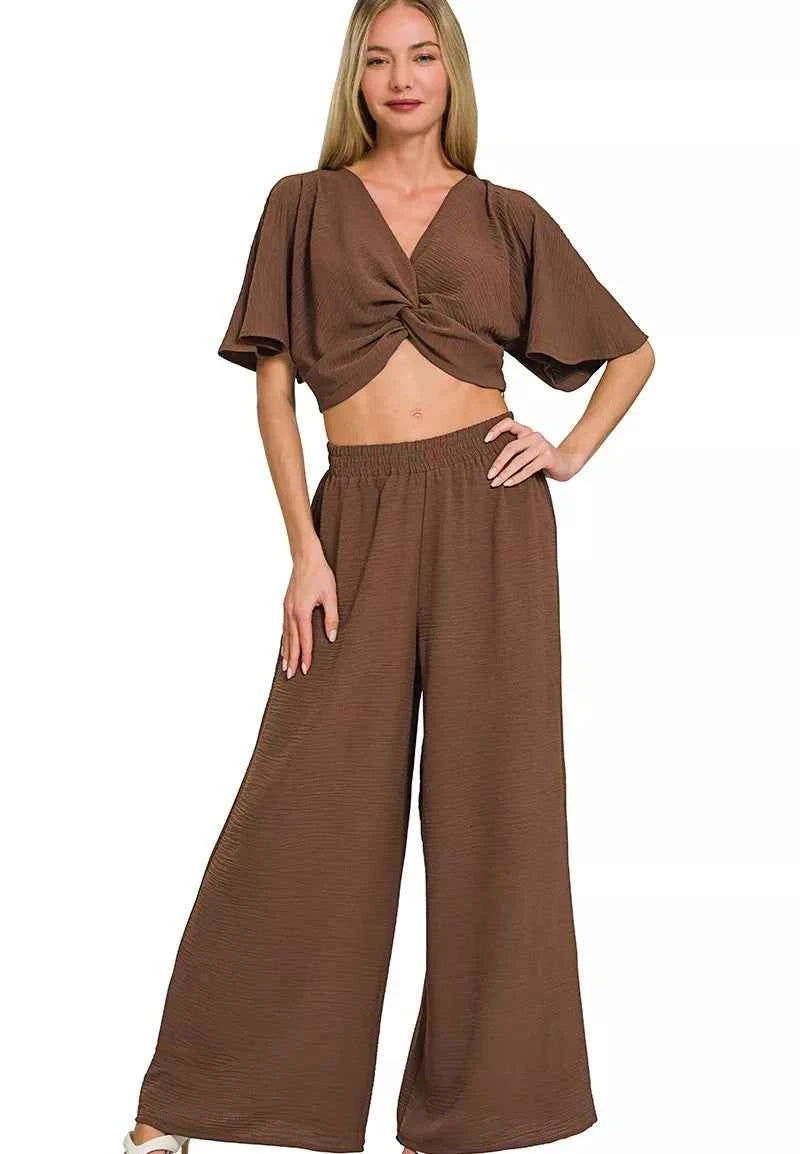 Zenana Women’s Woven Airflow Top & Wide Leg Pants Set Lightweight Casual Outfit
