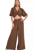 Zenana Women’s Woven Airflow Top & Wide Leg Pants Set Lightweight Casual Outfit