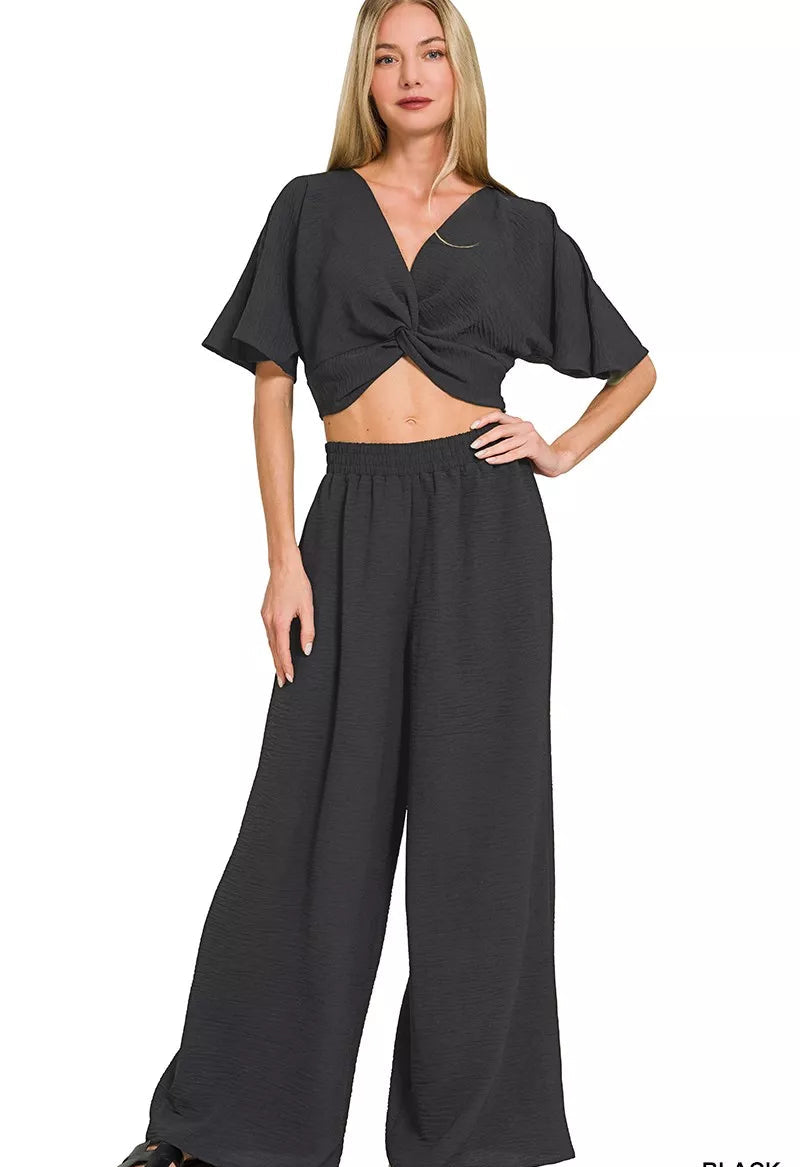 Zenana Woven Airflow Twisted Top & Wide Leg Pants Set