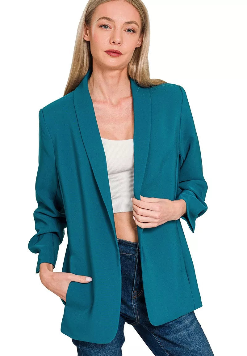 Zenana Womens Balzer Teal Woven 3/4 Ruched Sleeve Open Front Classic Jacket TEAL Zenana_Womens_Balzer_Teal_Woven_3_4_Ruched_Sleeve_Open_Front_Classic_Jacket Trendsi
