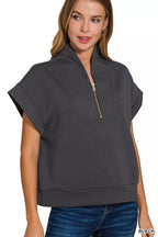 Zenana Womens Blouse Black Scuba High Neck Half Zip Top Sort Sleeve BLACK Zenana_Womens_Blouse_Black_Scuba_High_Neck_Half_Zip_Top_Sort_Sleeve Trendsi