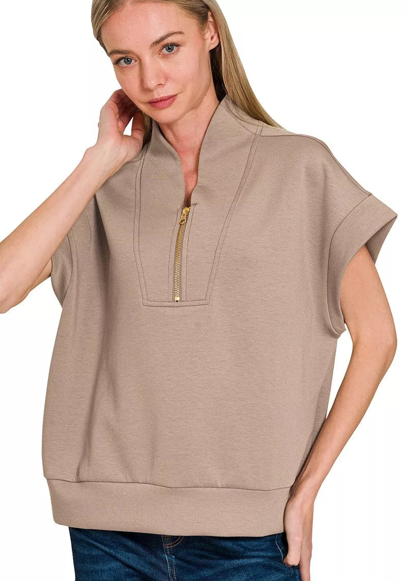 Zenana Womens Blouse Cocoa Scuba High Neck Half Zip Top Short Sleeve COCOA Zenana_Womens_Blouse_Cocoa_Scuba_High_Neck_Half_Zip_Top_Short_Sleeve Trendsi