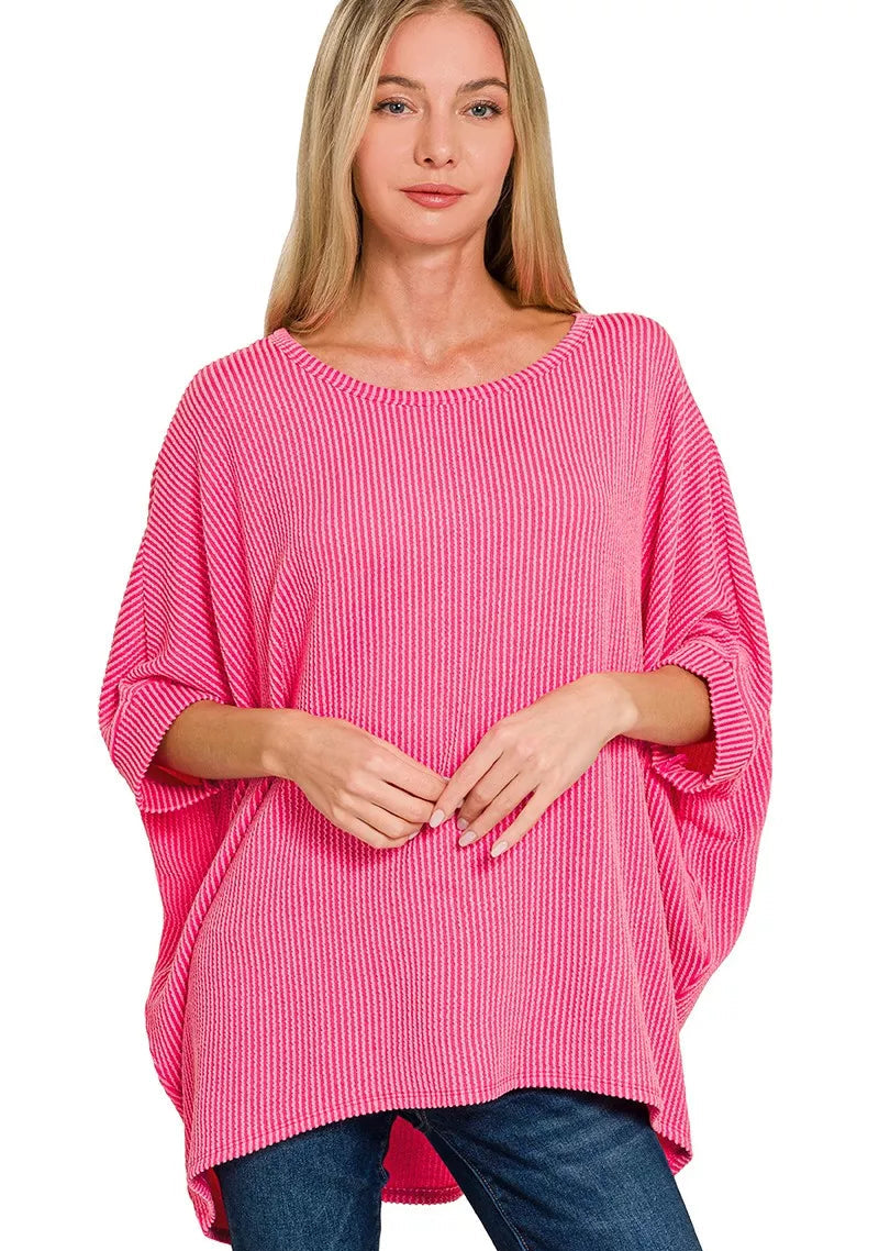 Zenana Womens Blouse Fucshia Pink Raised Rib Bat Sleeve Oversized Top FUCHSIA Zenana_Womens_Blouse_Fucshia_Pink_Raised_Rib_Bat_Sleeve_Oversized_Top Trendsi