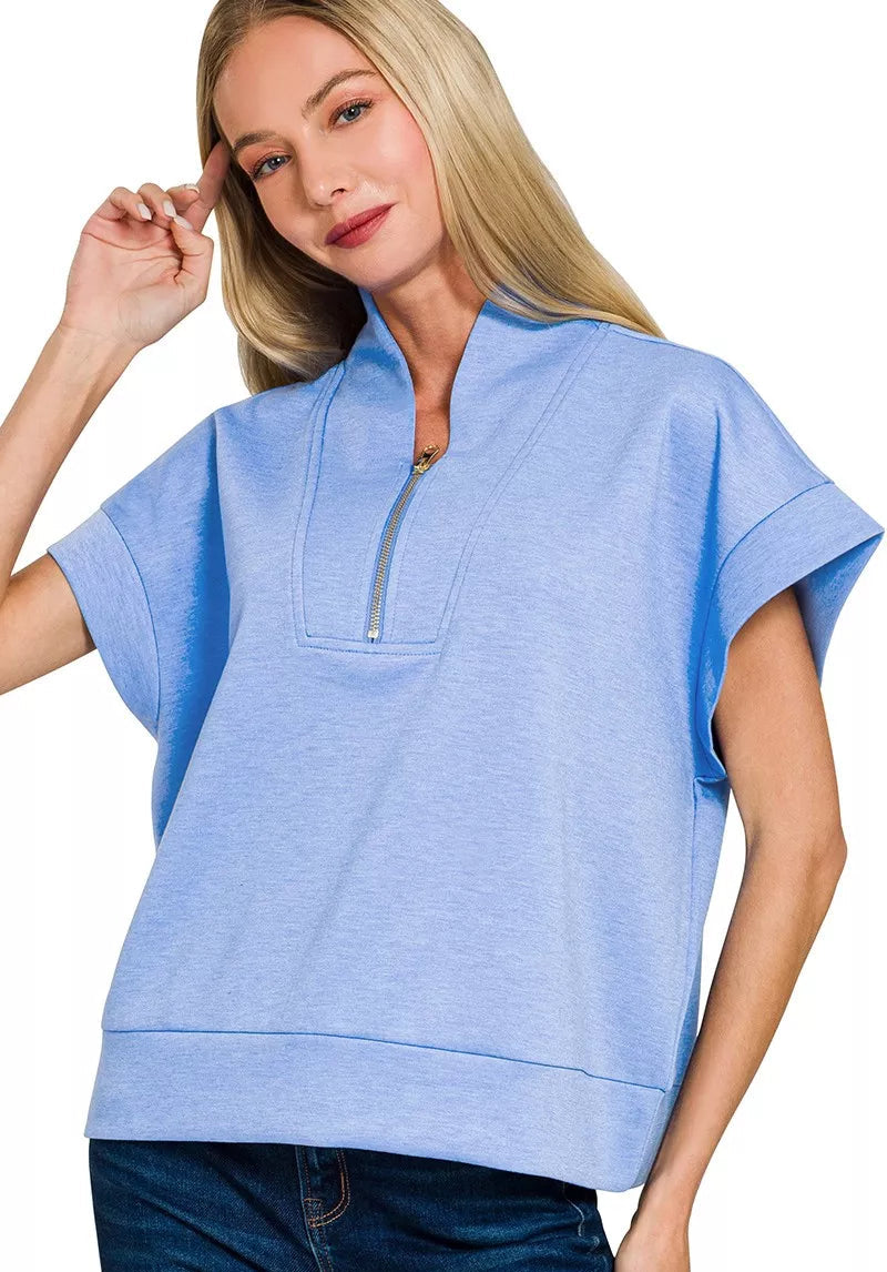 Zenana Womens Blouse Scuba Blue High Neck Half Zip Short Sleeve Top CORNFLOWER BLUE Zenana_Womens_Blouse_Scuba_Blue_High_Neck_Half_Zip_Short_Sleeve_Top Trendsi