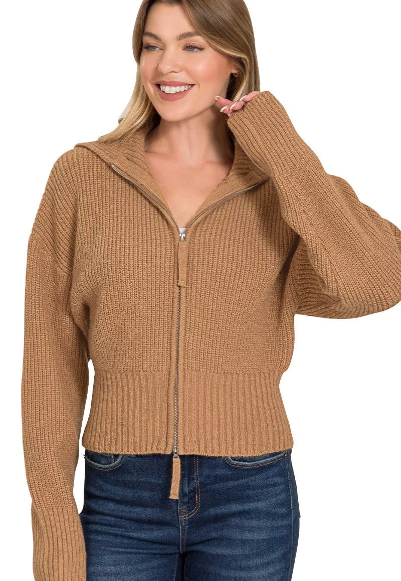 Zenana Womens Cadrigan Camel Ribbed Collared Zip Up Sweater DEEP CAMEL Zenana_Womens_Cadrigan_Camel_Ribbed_Collared_Zip_Up_Sweater Trendsi