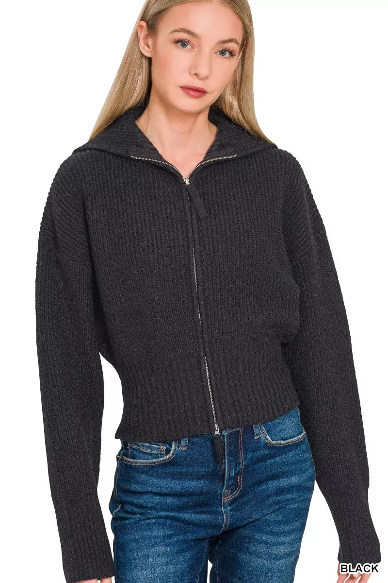 Zenana Womens Cardigan Black Ribbed Collared Zip Up Sweater BLACK Zenana_Womens_Cardigan_Black_Ribbed_Collared_Zip_Up_Sweater Trendsi