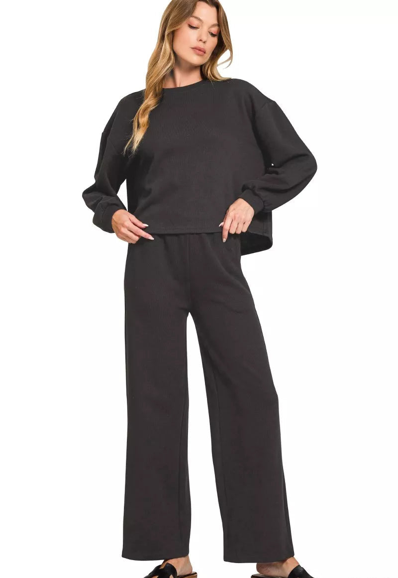 Zenana Womens Casual Outfit Set Black French Rib Pullover and Pants BLACK Zenana_Womens_Casual_Outfit_Set_Black_French_Rib_Pullover_and_Pants_-Max-Origin Trendsi