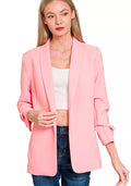 Zenana Womens Classic Blazer Pink Woven 3/4 Ruched Sleeve Open Front DK PINK Zenana_Womens_Classic_Blazer_Pink_Woven_3_4_Ruched_Sleeve_Open_Front Trendsi